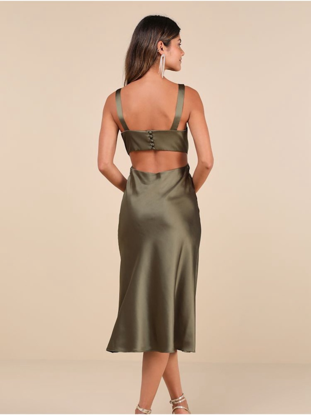 NWT Lulus Unmatched Elegance Olive Satin Sleeveless Midi Dress - Picture 2 of 4